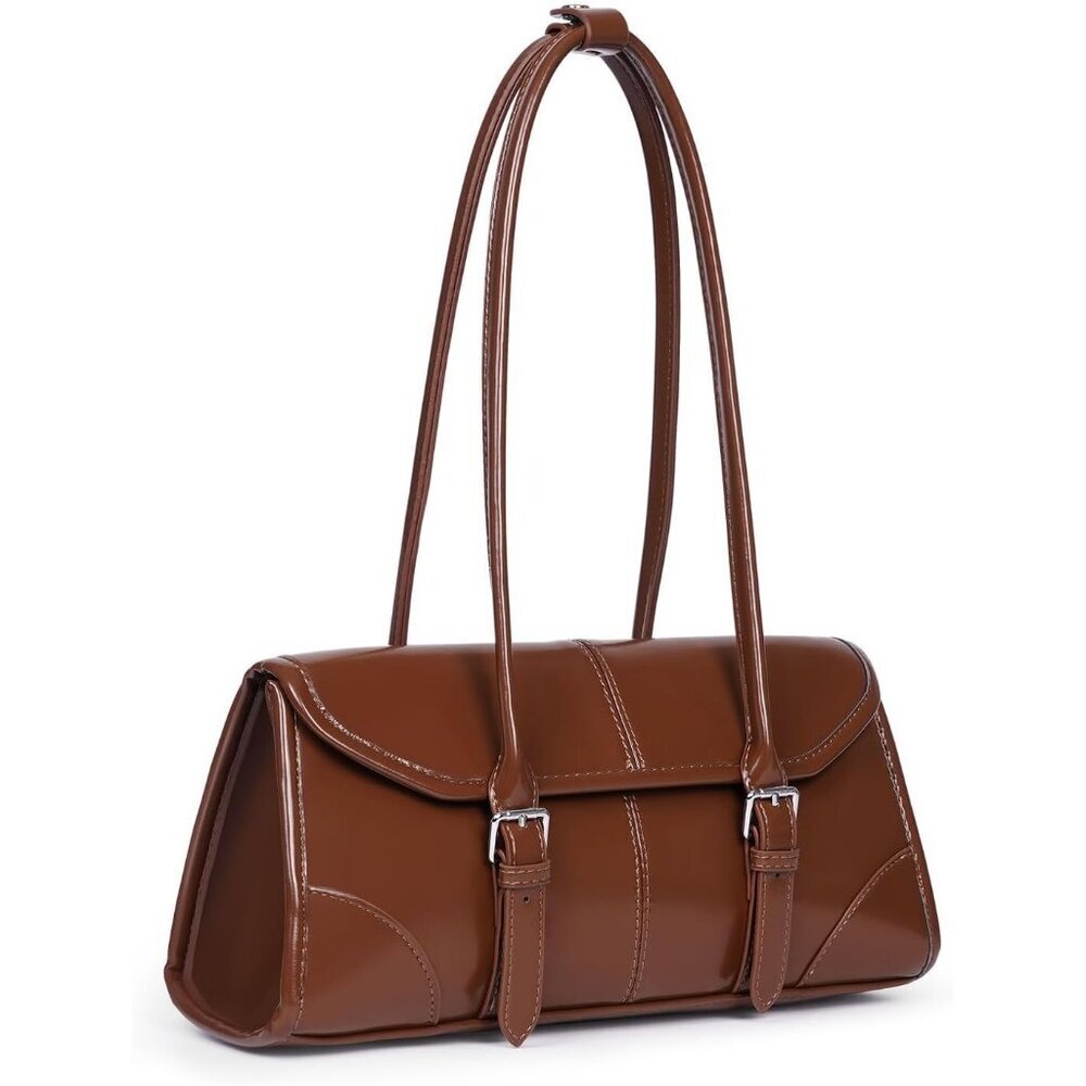 Women's Brown Faux Leather Tote Bag Small Shoulder Handbag Purse